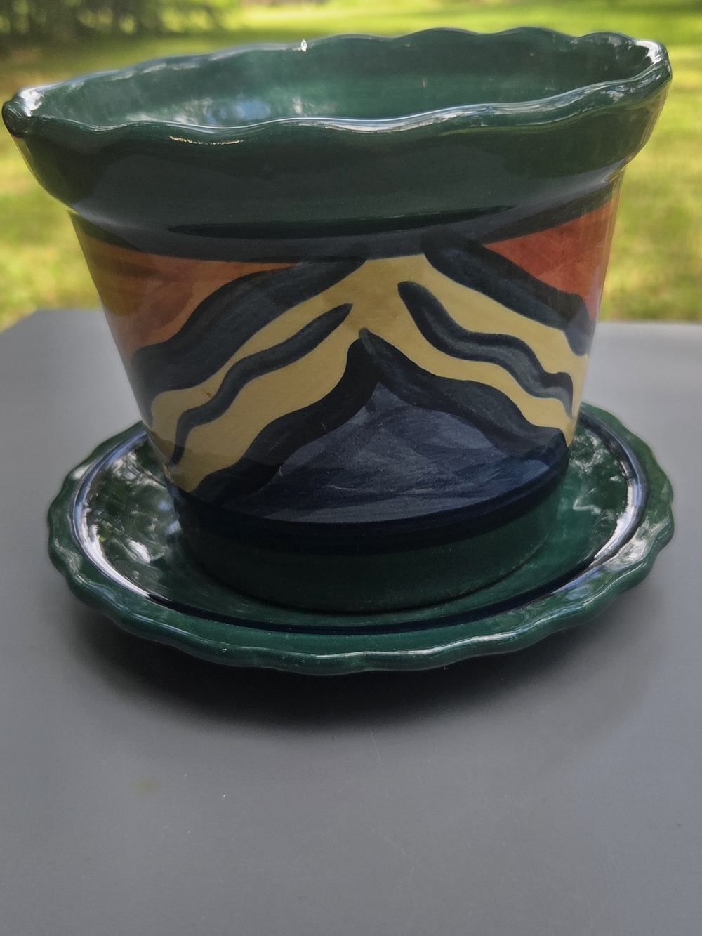 Hand-Painted Green Ceramic Planter with Matching Saucer